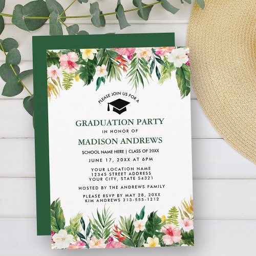 Tropical Floral Green Graduation Party Invitation