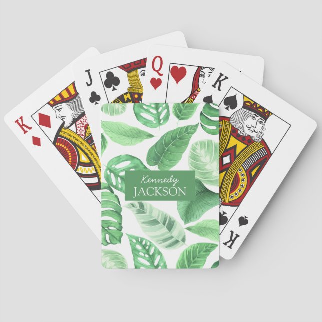 Tropical Floral Green Leaves Greenery Monogram Poker Cards (Back)