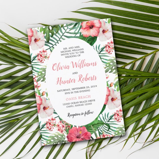 Tropical Floral Green Palm Pink Hibiscus Wedding Invitation (Creator Uploaded)