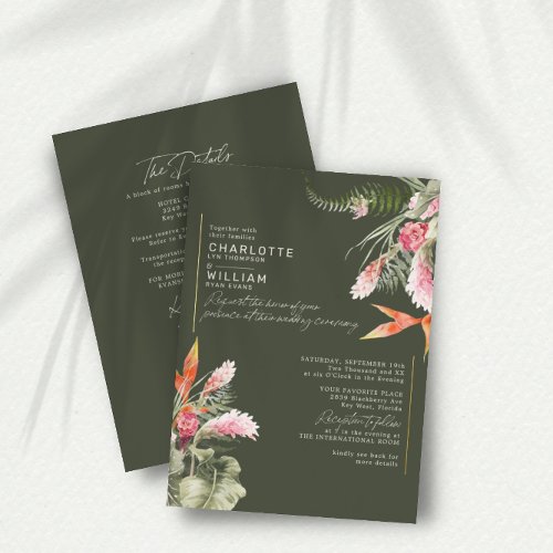 Tropical Floral Green RSVP QR Code Wedding Gold Foil Invitation