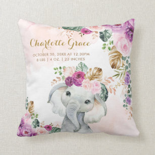 Tropical Floral Greenery Elephant Baby Birth Stats Throw Pillow