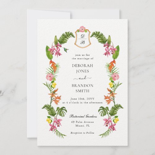 Tropical Floral  Greenery Monogrammed Invitation