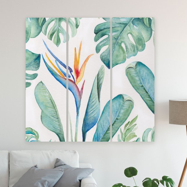 Tropical Floral Greenery Watercolor Triptych (Bird of paradise palm leaves wall art by Victoria Grigaliunas of Do Tell A Belle)