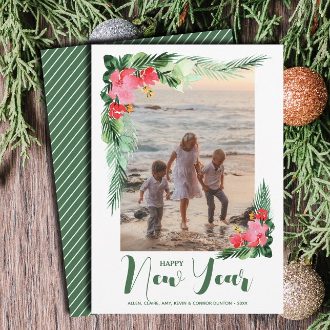 Tropical Floral Happy New Year Photo Holiday Card (Tropical Floral Happy New Year Photo Holiday Cards - Order INSTANT DOWNLOAD and/or PRINTED or both!)