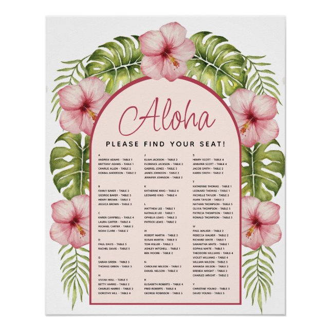 Tropical Floral Hawaii Alphabetical Seating Chart  (Front)