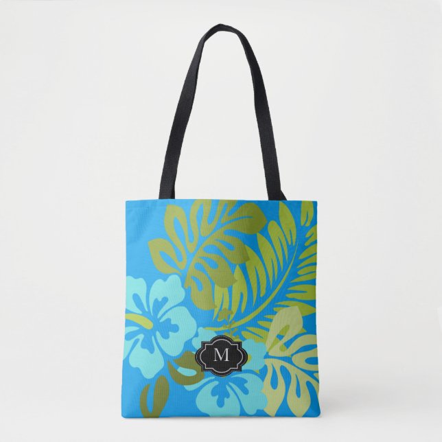 Tropical floral Hawaiian Hibiscus monogram beach Tote Bag (Front)