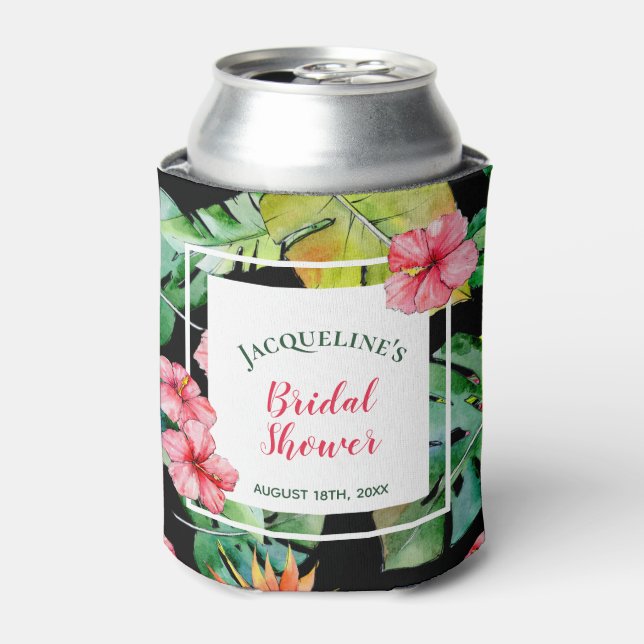 Tropical Floral Hawaiian Luau Bridal Can Cooler (Can Front)
