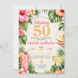 Tropical Floral Hawaiian Luau Fabulous 50 Birthday Invitation