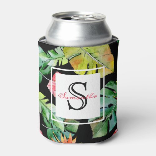 Tropical Floral Hawaiian Luau Monogram Can Cooler