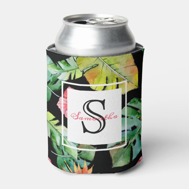 Tropical Floral Hawaiian Luau Monogram Can Cooler (Can Front)