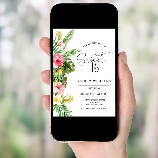 Tropical Floral Hawaiian Luau Sweet 16 Birthday  Invitation (Front Digital)
