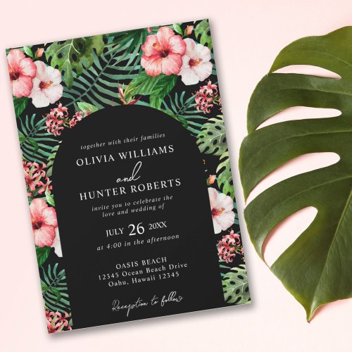 Tropical Floral Hibiscus Arch Wedding Black Invitation