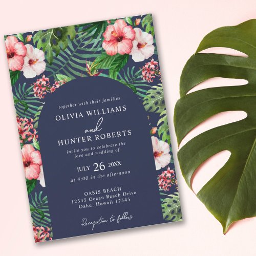 Tropical Floral Hibiscus Arch Wedding Navy Blue Invitation