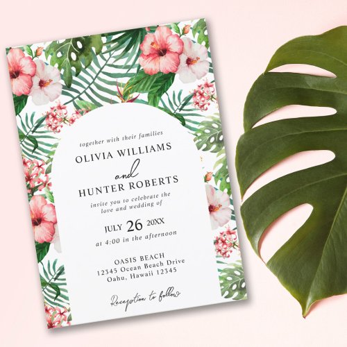 Tropical Floral Hibiscus Arch Wedding White Invitation