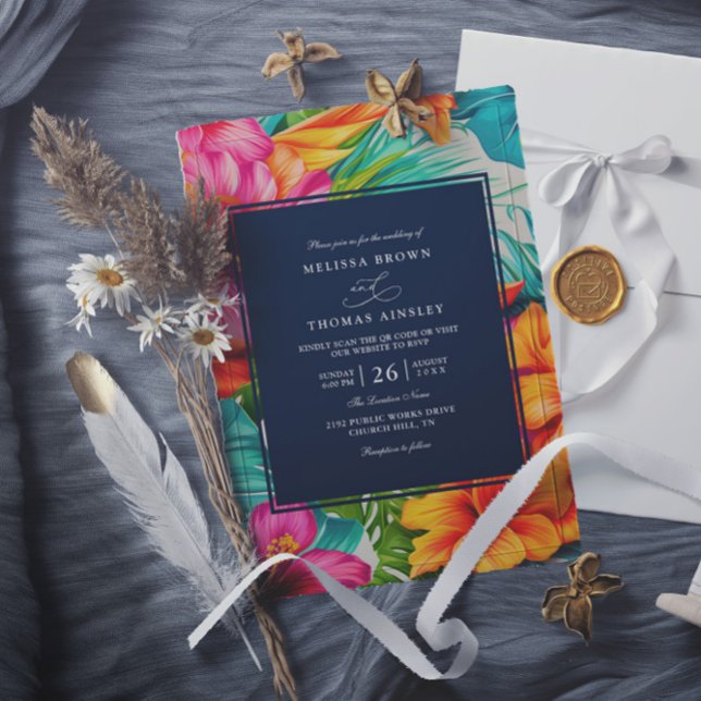 Tropical Floral Hibiscus Beach QR Code Wedding Invitation (Creator Uploaded)
