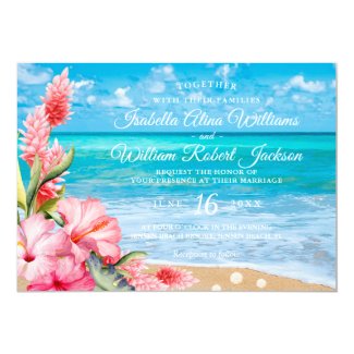 Tropical Floral Hibiscus Beach Wedding Invitation