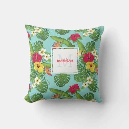 Tropical Floral Hibiscus Colorful Flower Monogram Outdoor Pillow