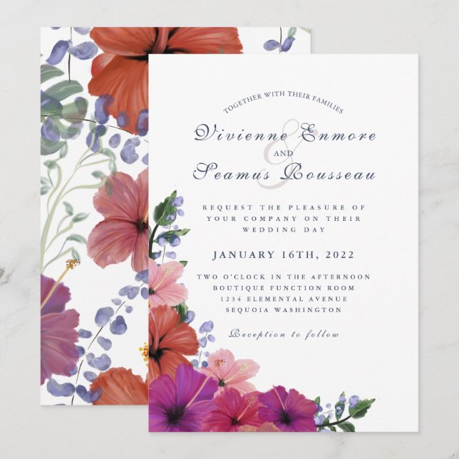 Tropical floral hibiscus colorful wedding invitation (Front/Back)