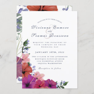 Tropical floral hibiscus colorful wedding invitation