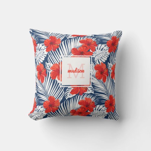 Tropical Floral Hibiscus Flower Custom Monogram Outdoor Pillow