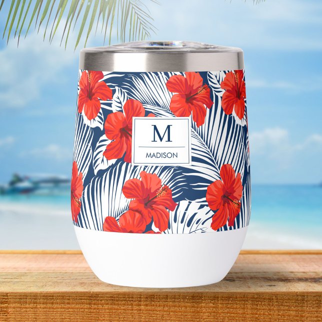 Tropical Floral Hibiscus Flower Custom Monogram Thermal Wine Tumbler (Creator Uploaded)