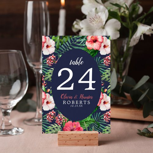 Tropical Floral Hibiscus Green Palm Navy Wedding Table Number