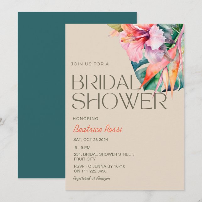 Tropical Floral Hibiscus Hawaiian Bridal Shower Invitation (Front/Back)