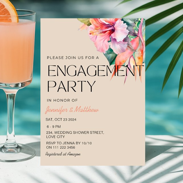 Tropical Floral Hibiscus Hawaiian Engagement Party Invitation (Tropical Floral Hibiscus Hawaiian Engagement Party Invitation)