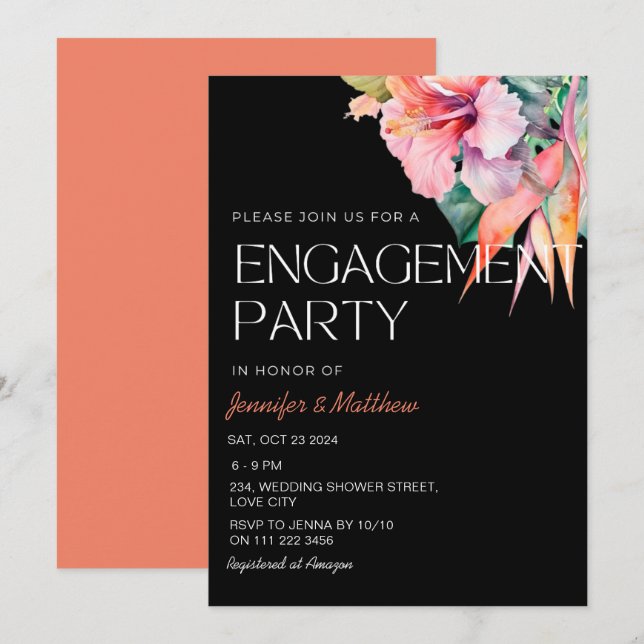 Tropical Floral Hibiscus Hawaiian Engagement Party Invitation (Front/Back)