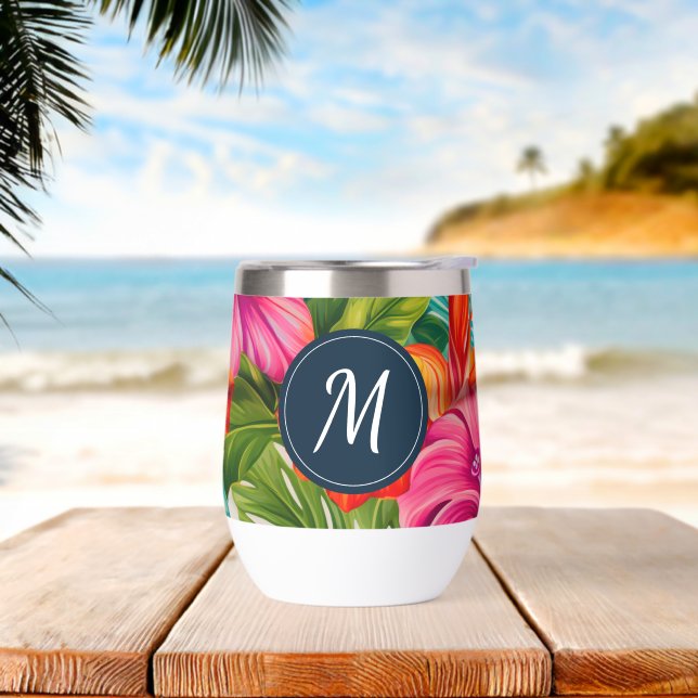 Tropical Floral Hibiscus Monogram Thermal Wine Tumbler (Beach)