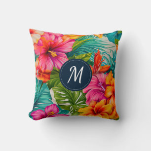 Tropical Floral Hibiscus Monogram Throw Pillow