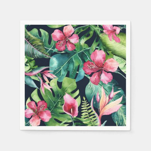 Tropical Floral Hibiscus  Palm Leaves Hawaiian Paper Napkins