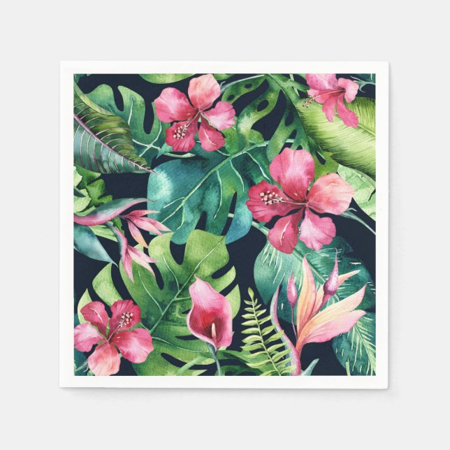 Tropical Floral Hibiscus & Palm Leaves Hawaiian Paper Napkins (Front)