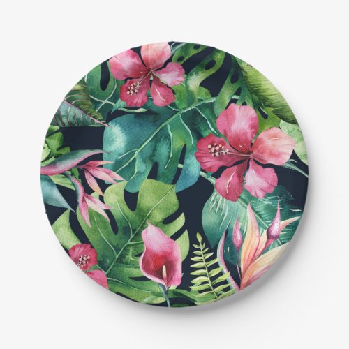 Tropical Floral Hibiscus  Palm Leaves Hawaiian Paper Plates