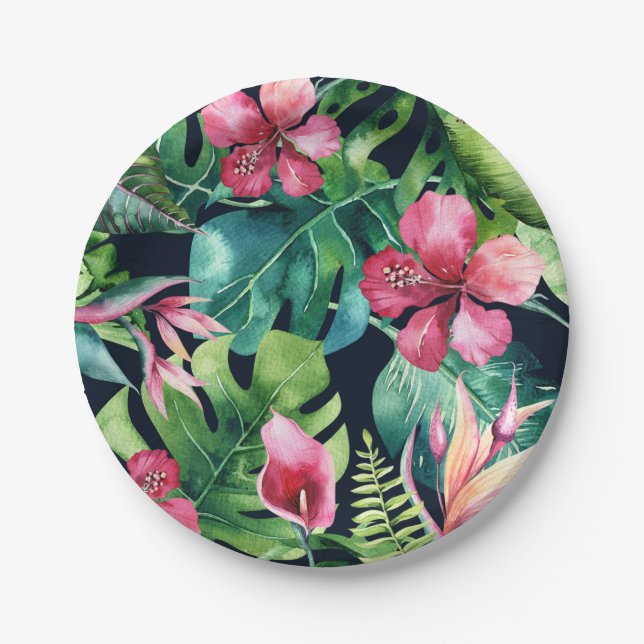 Tropical Floral Hibiscus & Palm Leaves Hawaiian Paper Plates (Front)