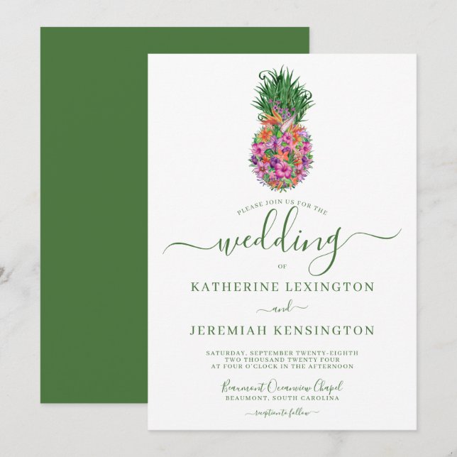 Tropical Floral Hibiscus Pineapple Wedding Invitation (Front/Back)