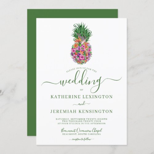 Tropical Floral Hibiscus Pineapple Wedding Invitation