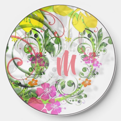 Tropical floral hibiscus pink green yellow white  wireless charger 