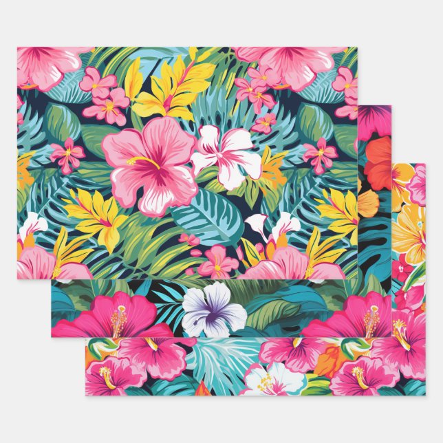 Tropical Floral Hibiscus Plumeria Pattern Design Wrapping Paper Sheets (Set)
