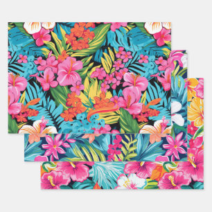 Tropical Floral Hibiscus Plumeria Pattern Design Wrapping Paper Sheets