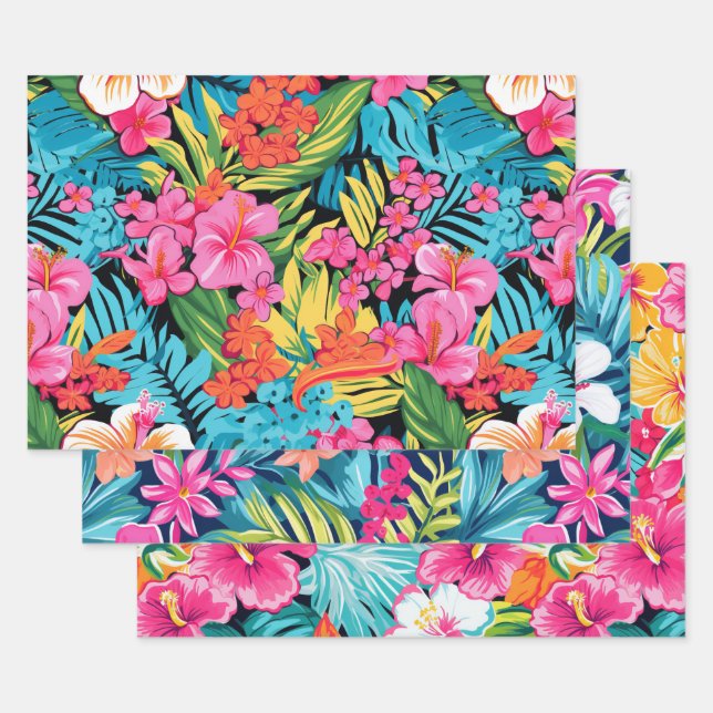 Tropical Floral Hibiscus Plumeria Pattern Design Wrapping Paper Sheets (Set)