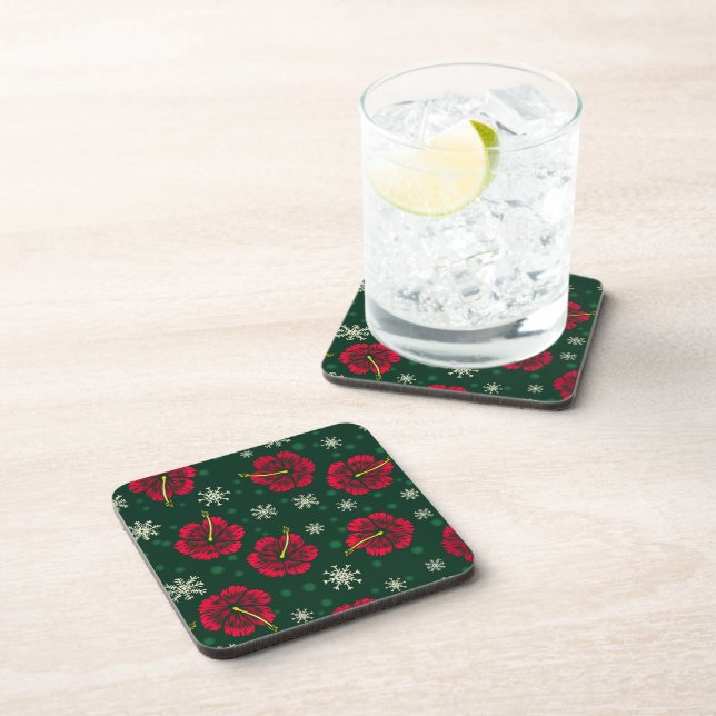 Tropical Floral Hibiscus Snowflakes Christmas |  Beverage Coaster (Right Side)