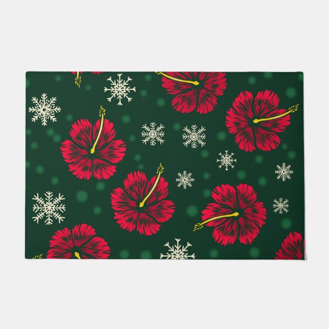 Tropical Floral Hibiscus Snowflakes Christmas |  Doormat (Front)