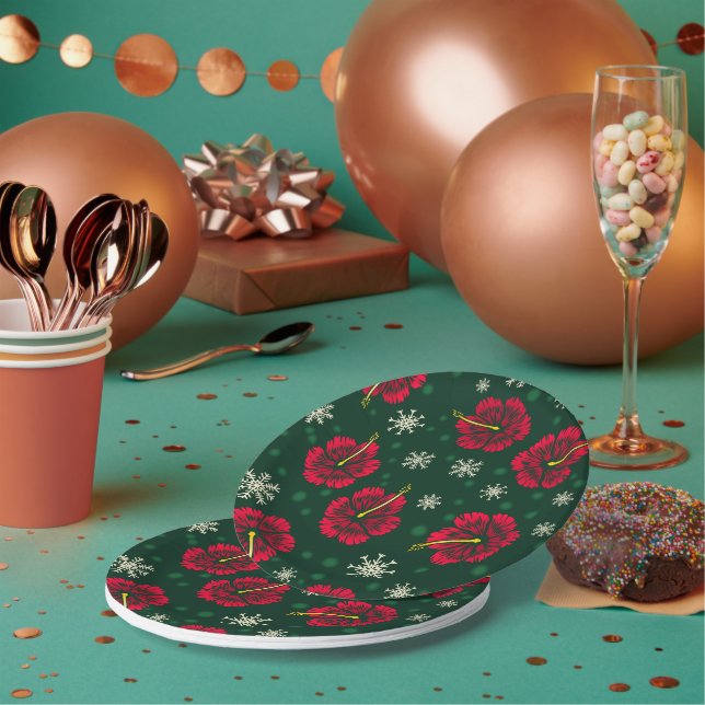 Tropical Floral Hibiscus Snowflakes Christmas |  Paper Plates (Multi)