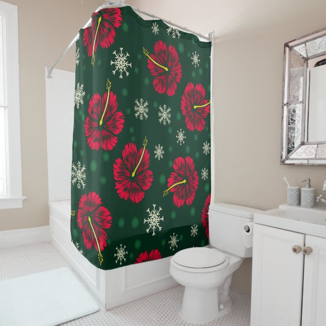 Tropical Floral Hibiscus Snowflakes Christmas |  Shower Curtain (In Situ)