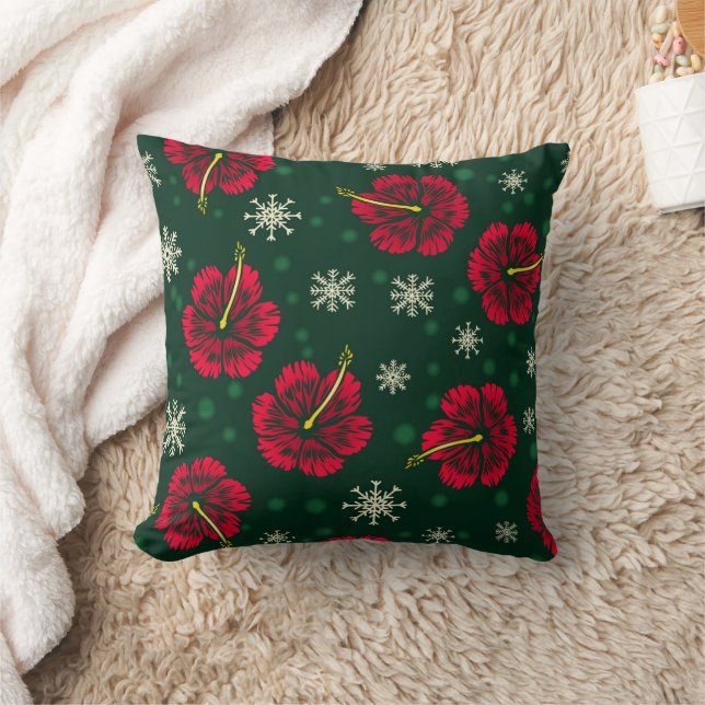 Tropical Floral Hibiscus Snowflakes Christmas |  Throw Pillow (Blanket)