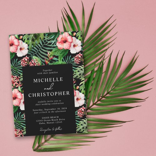 Tropical Floral Hibiscus Wedding Modern Black Invitation