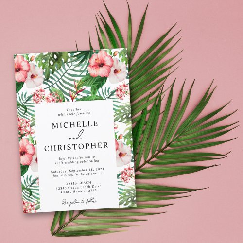 Tropical Floral Hibiscus Wedding Modern White Invitation