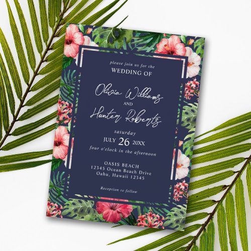 Tropical Floral Hibiscus Wedding Navy Blue Invitation