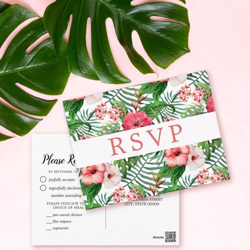 Tropical Floral Hibiscus Wedding RSVP Meal Choice Postcard